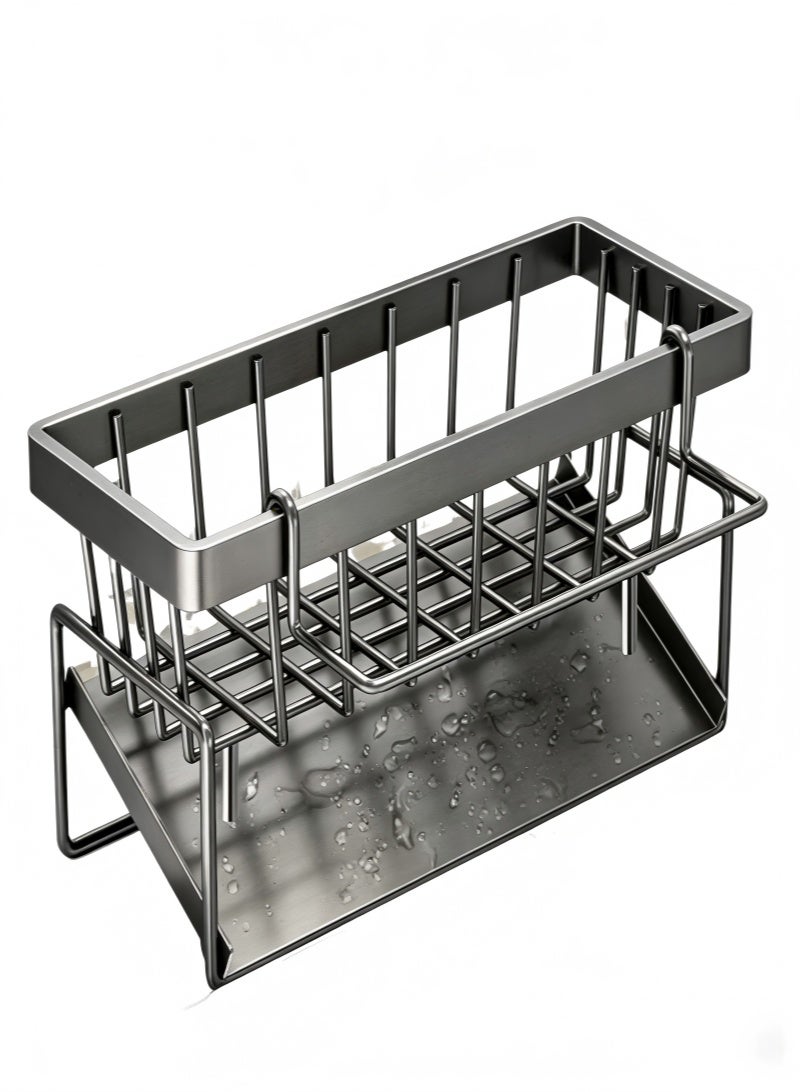 Dish Drying Rack, Kitchen Sink Storage Rack, Kitchen Sponge Holder, Rod Sink Drying Drainer Rack, Sink Caddy with Tilting Auto Drain Pan, Bathroom Storage Rack, For Bathroom and Kitchen Supplies（Gray with Removable Towel Rack） - Image 2
